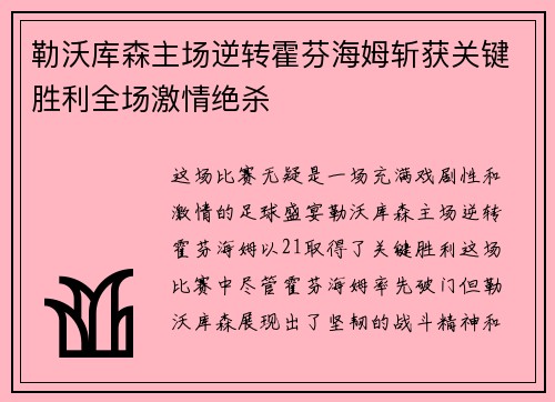 勒沃库森主场逆转霍芬海姆斩获关键胜利全场激情绝杀