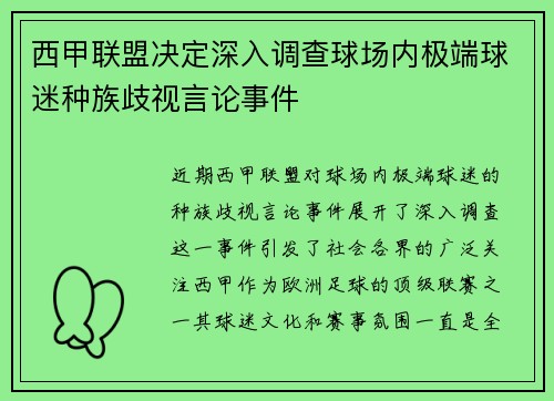 西甲联盟决定深入调查球场内极端球迷种族歧视言论事件